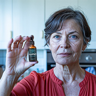 Older woman holding product